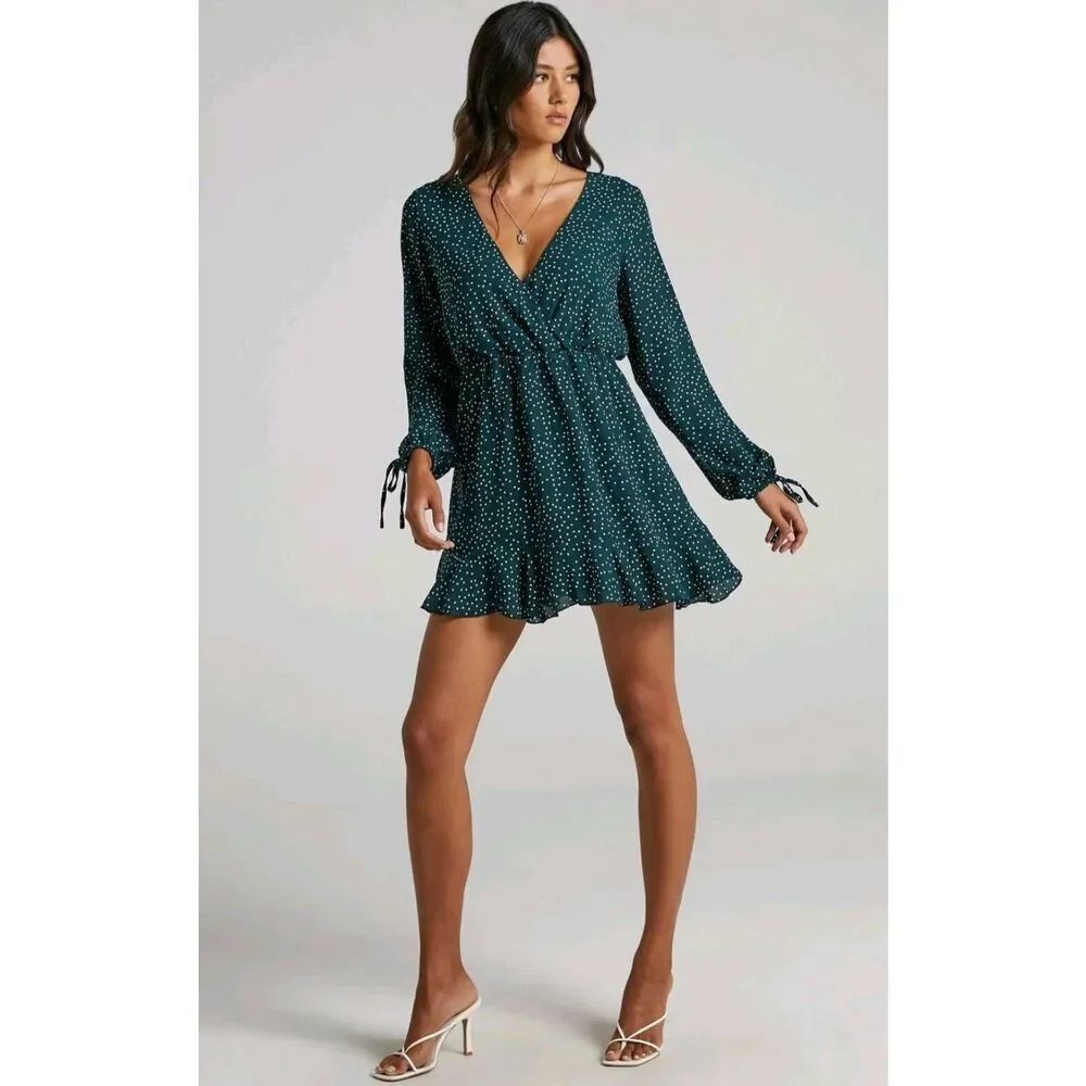 Showpo. Mini Dress Keep it Smart Long Sleeve in Emerald Spot Polka Dot Size 14